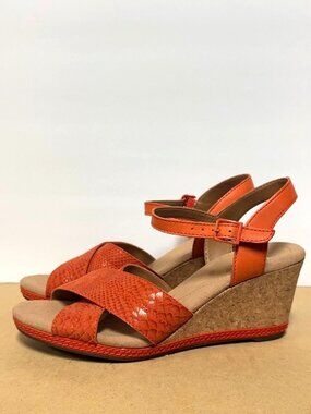 Clarks Helio Latitude Orange Leather Cork Wedge Sandals 9M New